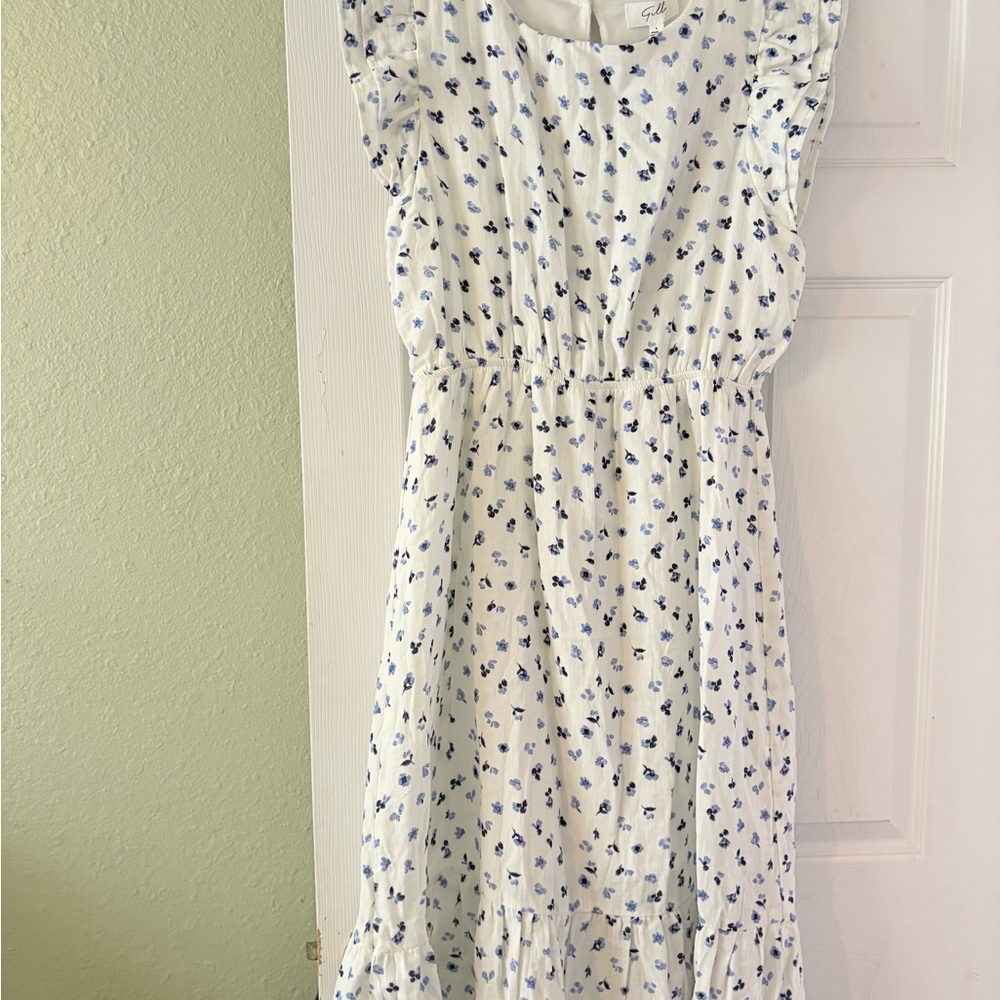 Gilli White Midi Dress with Blue Floral Print and Ruffle Trim